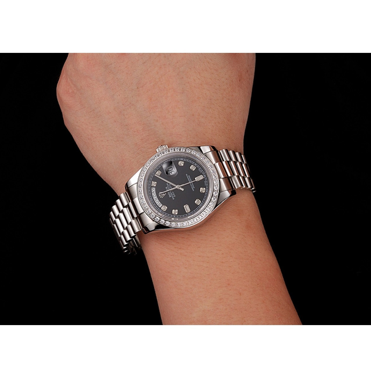 Aaa fake watches Black Rolex Diamond Numerals Swiss Case Dial 1453966 Stainless Day-Date Steel Diamond Bracelet 0605